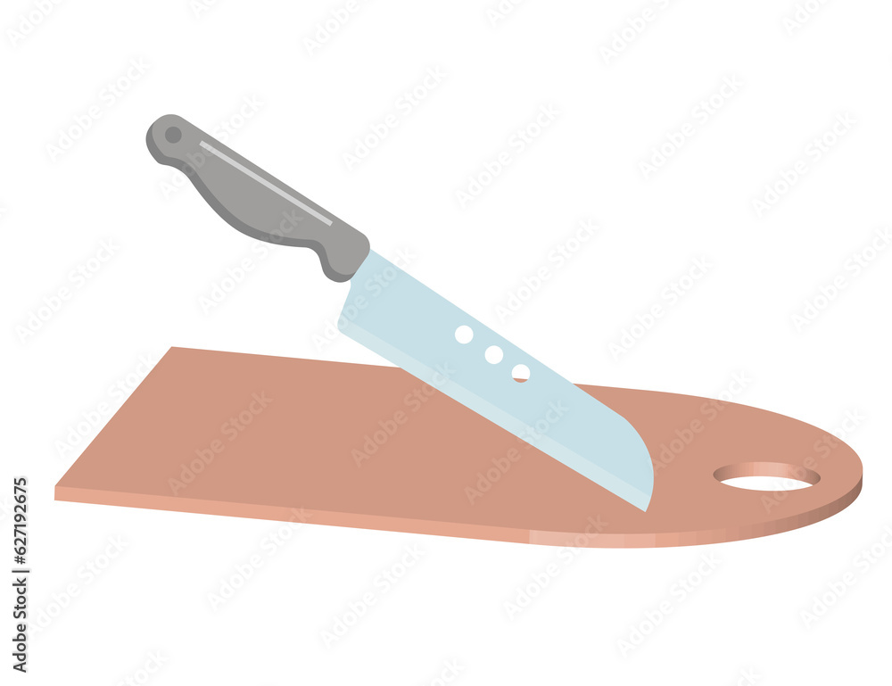 Knife and cutting board in 3D projection, kitchen items. Knife and cutting board in 3D projection, kitchen items.
