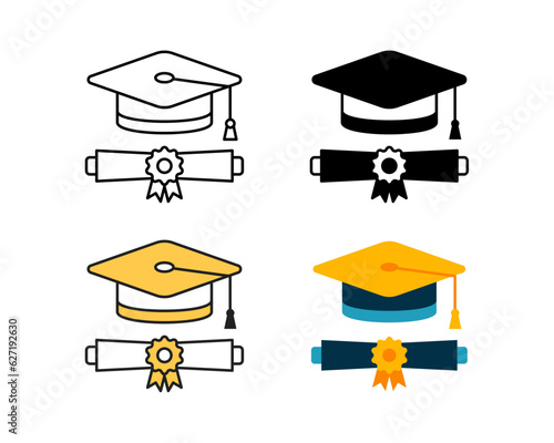 Graduation Hat And Diploma icon vector design in 4 style line, glyph, duotone, and flat.
