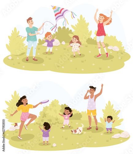 Family Playing Kite and Frisbee with Children on Green Meadow in Park Vector Illustration Set