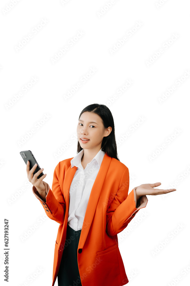 Portrait photo of young beautiful Asian woman feeling happy and holding smart phone, tablet and laptop with black empty screen on white background product presenting concept.. Portrait photo of young beautiful Asian woman feeling happy and holding smart phone, tablet and laptop with black empty screen on white background product presenting concept..