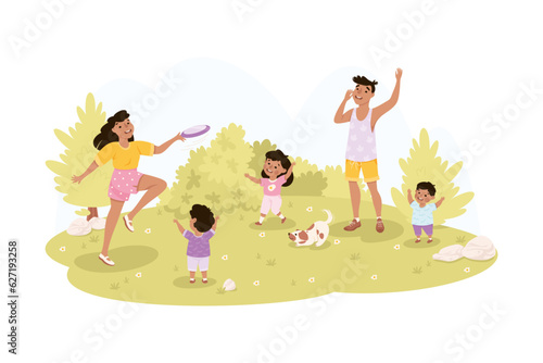 Family Playing Frisbee with Children on Green Meadow in Park Vector Illustration