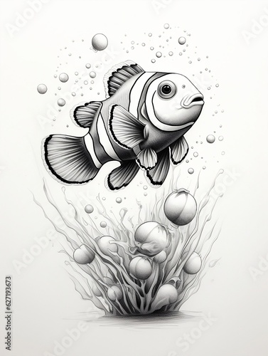Wallpaper for phone with a pencil sketch artwork clownfish animal drawing