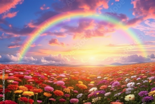 field of zinnia flowers with a rainbow in the sky