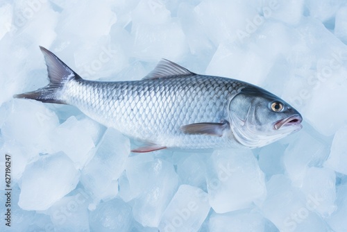 Fresh sea fish of the herring family on an ice crumb and cubes background.