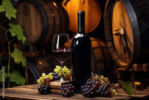 A bottle of red wine next to a poured glass and bunches of grapes on wine barrels background.