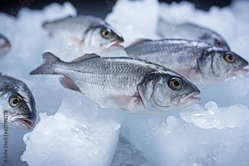 Close-up of a lot of small fresh sea and ocean fish on a crushed ice crumb and cubes background.