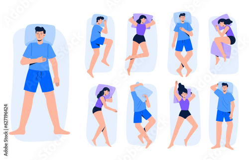 Set of different sleeping poses. Women and men lie in various poses. Nap or night sleeping positions. Top view. Vector illustrations in flat style.