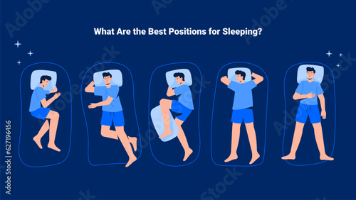 A man is asleep in bed. Variations of different sleeping positions. Top view. Vector flat modern illustration for banners.