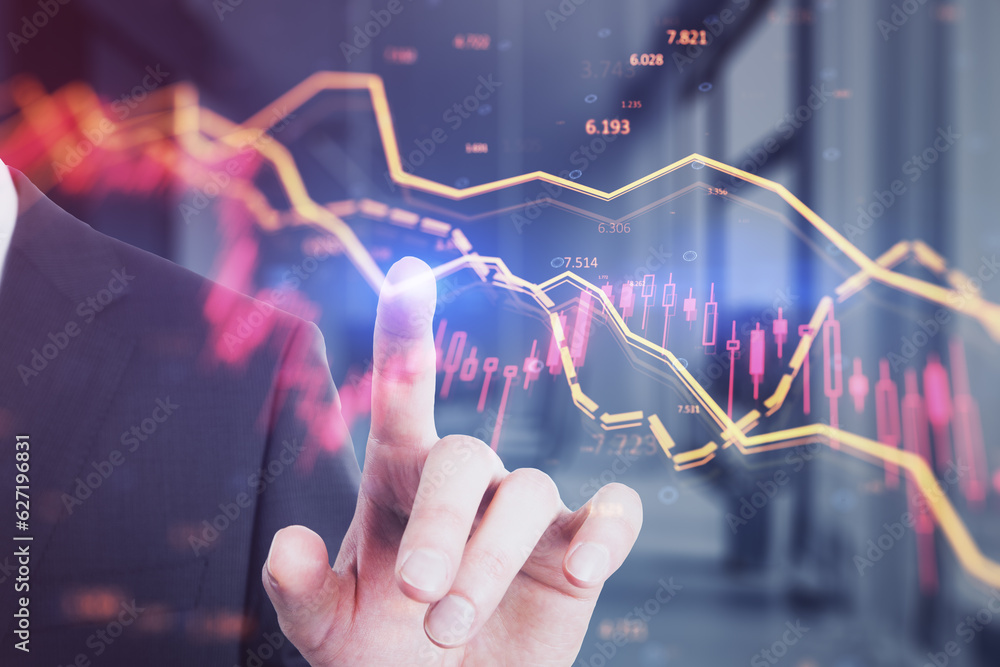 Close up of businessman hand pointing at falling forex chart with index on blurry office interior background. Crisis and declining trade concept. Double exposure. Close up of businessman hand pointing at falling forex chart with index on blurry office interior background. Crisis and declining trade concept. Double exposure.