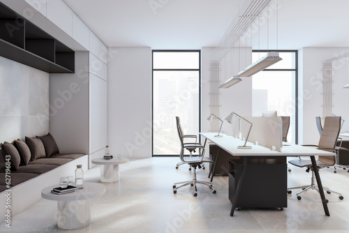 Bright white coworking office interior with window, daylight and furniture. 3D Rendering.
