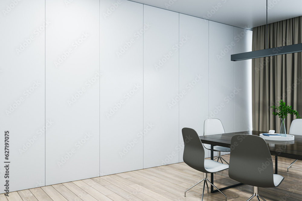 Fototapeta premium Closeup view of blank white wall with place for poster or banner in a modern meeting room with wooden office desk and chairs, mockup. 3D Rendering