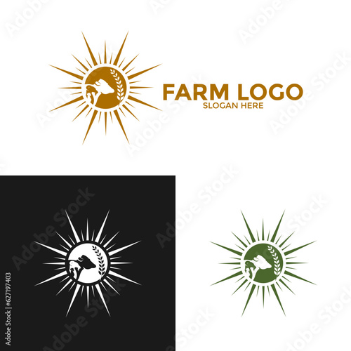 Farm Animal with sun Logo design vector, Simple Livestock or Farm logo template