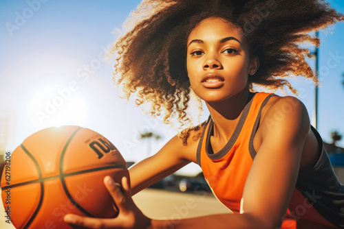 African woman playing basketball. Young happy athletic female with basketball ball. © VisualProduction