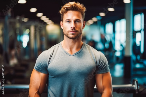 Portrait of sporty man in gym. Happy athletic fit muscular man in fitness center.