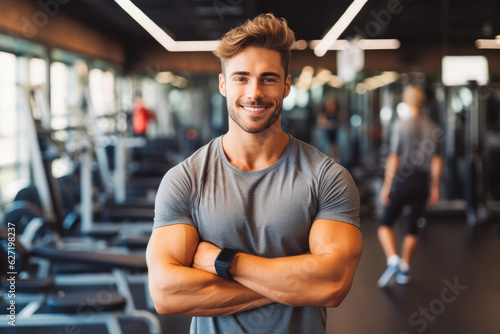 Portrait of sporty man in gym. Happy athletic fit muscular man in fitness center.