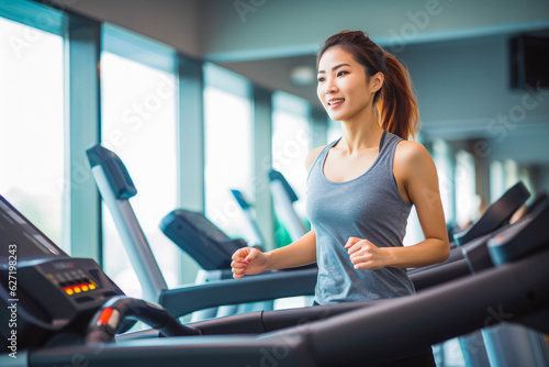 Free Download Portrait of young chinese sporty woman on treadmill in gym. Happy athletic fit muscular woman running in fitness center. - GFXLoad