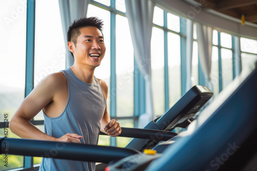 Portrait of young chinese sporty man on treadmill in gym. Happy athletic fit muscular man running in fitness center.