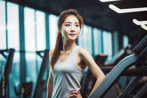 Portrait of young chinese sporty woman in gym. Happy athletic fit muscular woman in fitness center.
