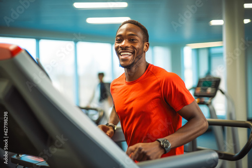 Portrait of young african sporty man on treadmill in gym. Happy athletic fit muscular man running in fitness center.