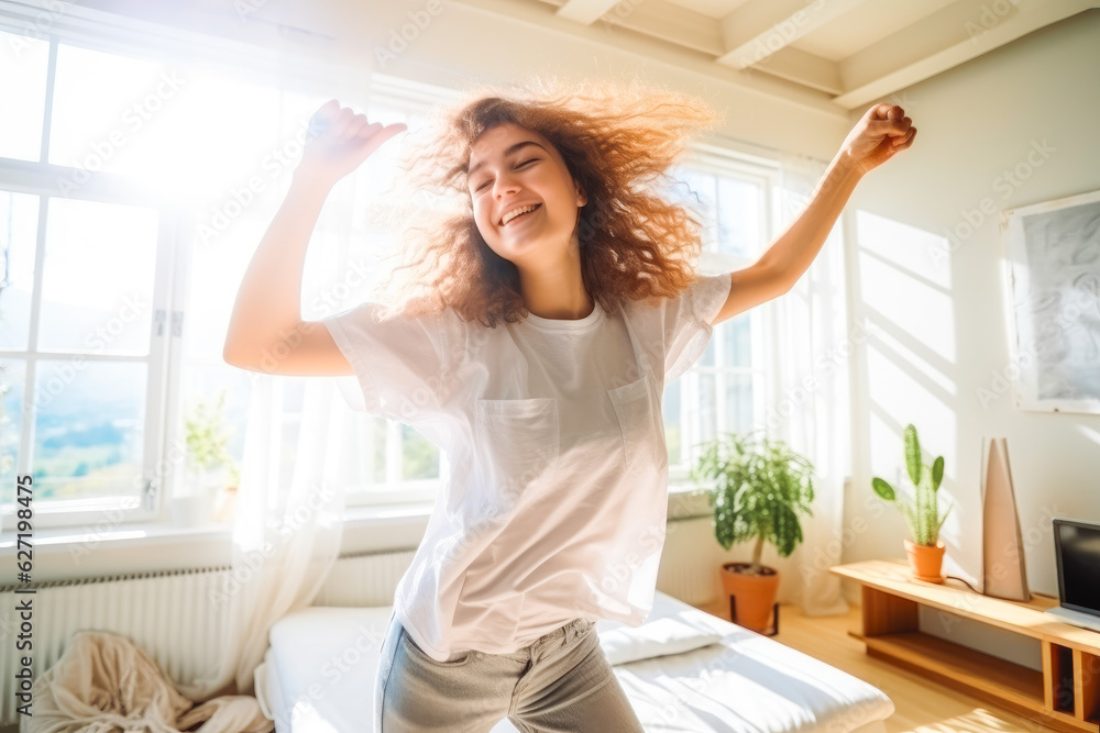 Positive teen girl dancing at home. Happiness and well being concept. Positive teen girl dancing at home. Happiness and well being concept.