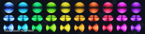 Realistic color set of radio wave signal sign isolated on transparent background. Vector illustration of radial symbol of wifi connection, sound spread, pulse effect, radar area front, top, angle view