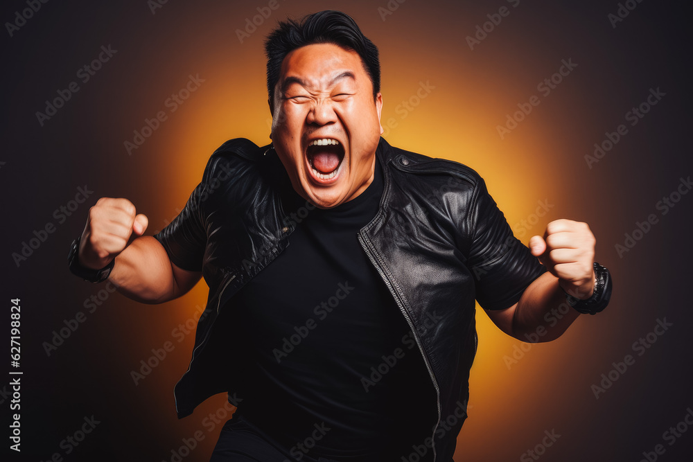 Positive asian plus size man dancing at home. Happiness and well being concept. Positive asian plus size man dancing at home. Happiness and well being concept.