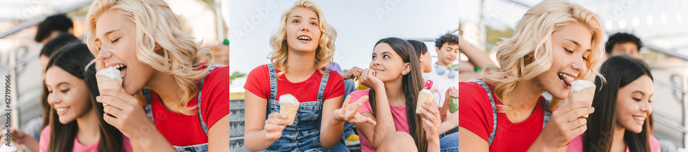 Portrait of beautiful teenage girl eating ice cream, communicating with friends on street, vacation Portrait of beautiful teenage girl eating ice cream, communicating with friends on street, vacation