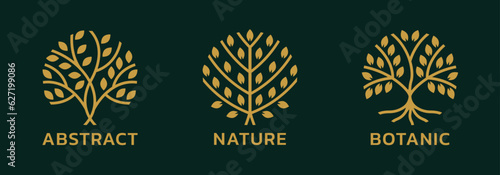 Tree logo or icon set. Modern eco, organic, nature symbol. Abstract plant, leaf, tree of life emblem design. Vector illustration.