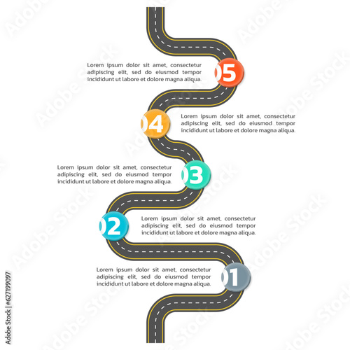 5 step road map info graphic design. Timeline infographic, modern business presentation template. Vertical roadmap, winding path, street concept. Vector illustration.  