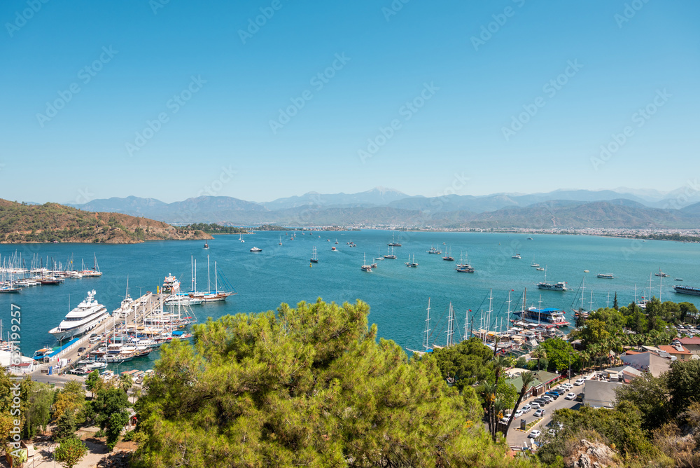 Aerial panoramic view of Fethiye Turkey on a sunny day