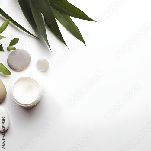 Top down bright zen-themed product or service backdrop, cosmetic recipient