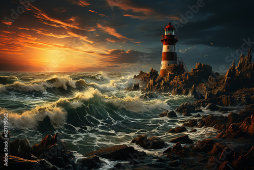 Murais de parede A lighthouse perched on a rocky cliff, guiding ships safely through treacherous waters, symbolizing the importance of navigation in seafaring