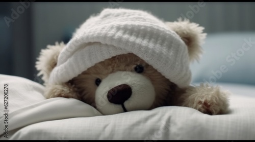 A sick teddy bear with a bandage on his head lies in bed with a fever and a headache. Generative AI