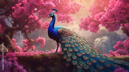A peacock stands gracefully against a backdrop of pink flowers. Generative AI