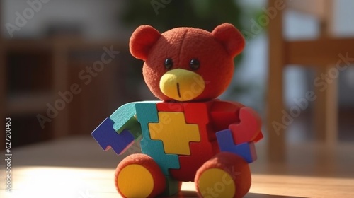 Teddy bear, symbols of autism. Child health, prevention, autism awareness day. Generative AI
