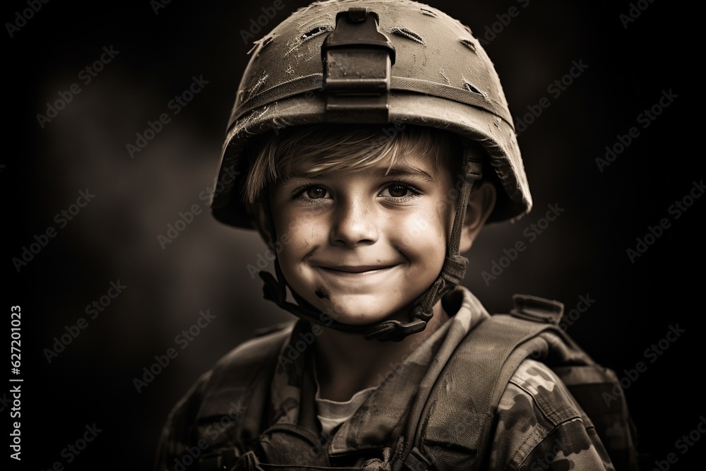 Portrait of a cute little boy in military uniform on dark background.Generative Ai Portrait of a cute little boy in military uniform on dark background.Generative Ai