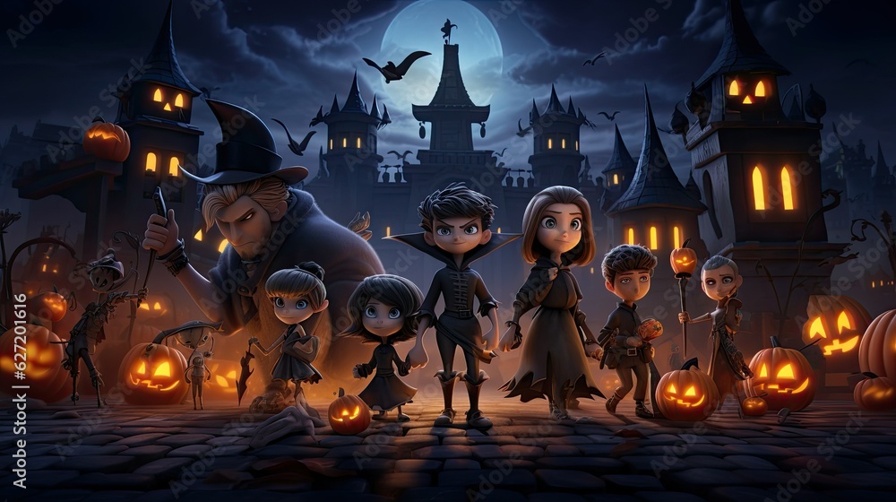 The Halloween festival wallpaper features kid-friendly characters in a cartoon style generative ai.