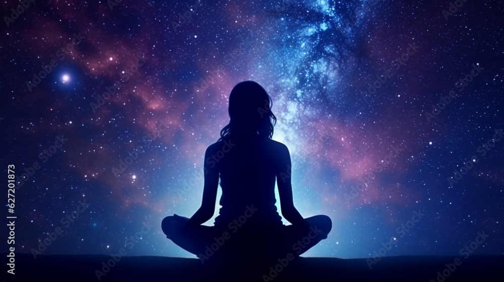 Woman silhouette meditating on cosmic background. Generative AI