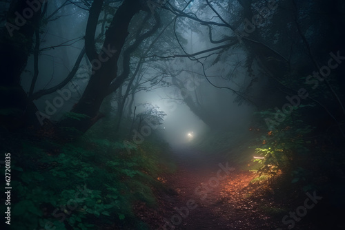 A captivating shot of a misty forest path, illuminated by the ethereal glow of ghostly apparitions, leading to an unknown and mysterious destination. Generative AI. © Mihai Zaharia