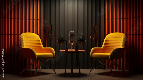 Two chairs and microphones in podcast or interview room isolated on dark background. Generative AI