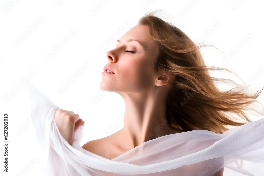 A Caucasian woman enjoying a serene yoga session, her body embracing the flow of nature, isolated on perfect white background. Generative AI A Caucasian woman enjoying a serene yoga session, her body embracing the flow of nature, isolated on perfect white background. Generative AI