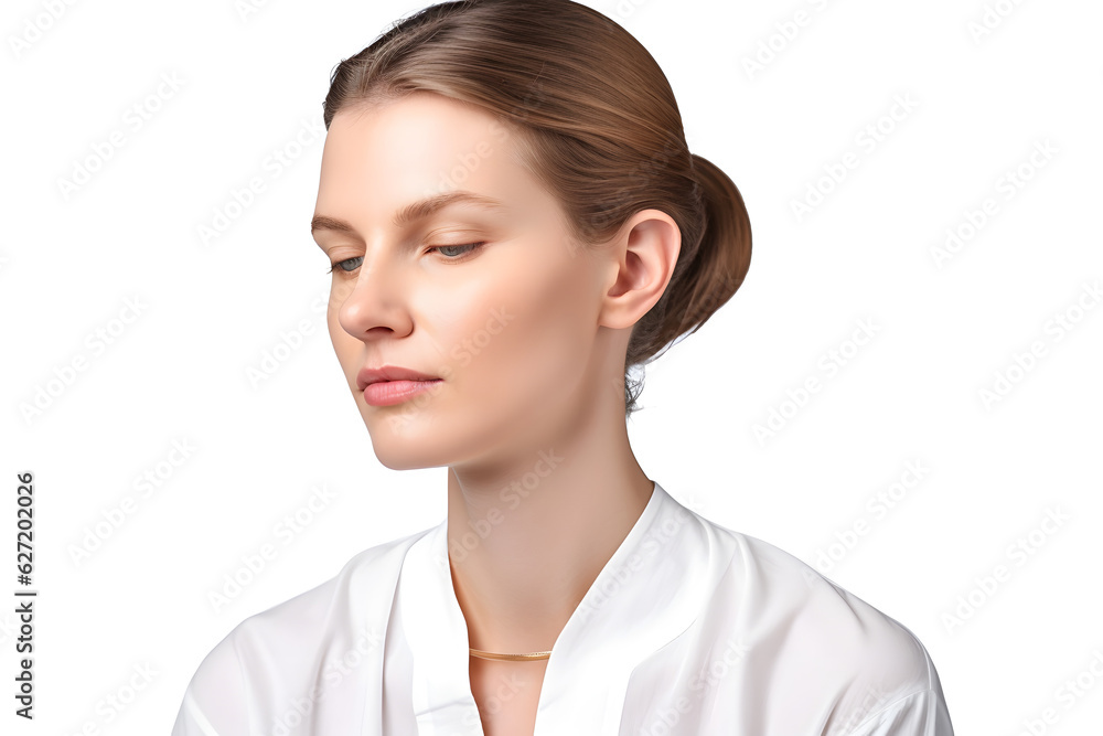 A Caucasian woman finding inner peace through practicing meditation, her mind calm and focused, isolated on perfect white background. Generative AI A Caucasian woman finding inner peace through practicing meditation, her mind calm and focused, isolated on perfect white background. Generative AI