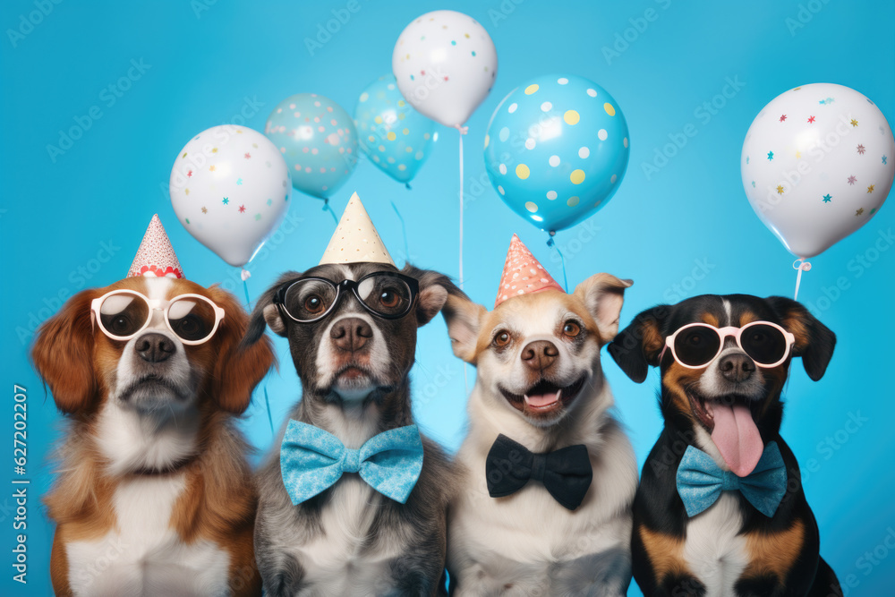 Happy dogs have a party on a soft blue background