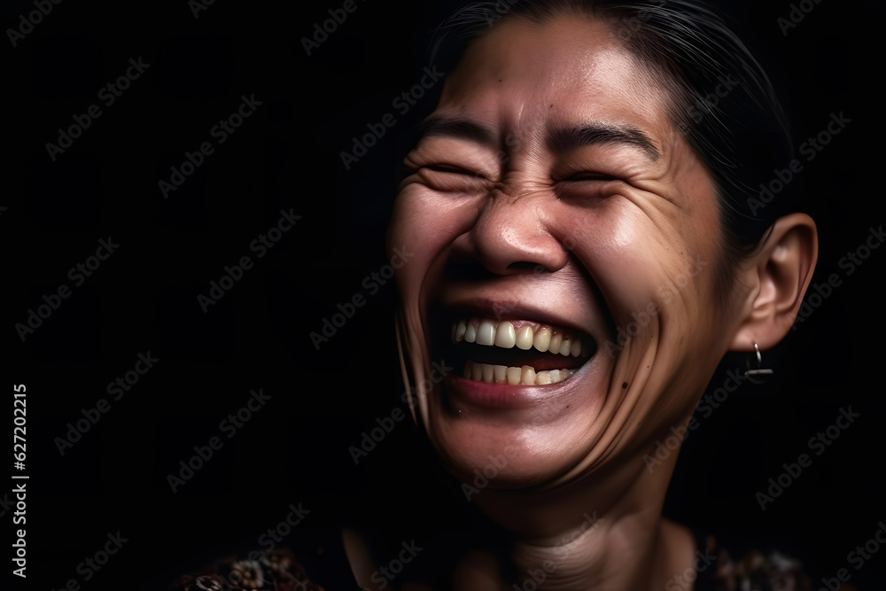 A middle-aged Asian woman caught in a moment of overwhelming joy, her face beaming with a wide smile and eyes sparkling with happiness. Generative AI A middle-aged Asian woman caught in a moment of overwhelming joy, her face beaming with a wide smile and eyes sparkling with happiness. Generative AI