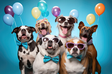 Happy dogs have a party on a soft blue background