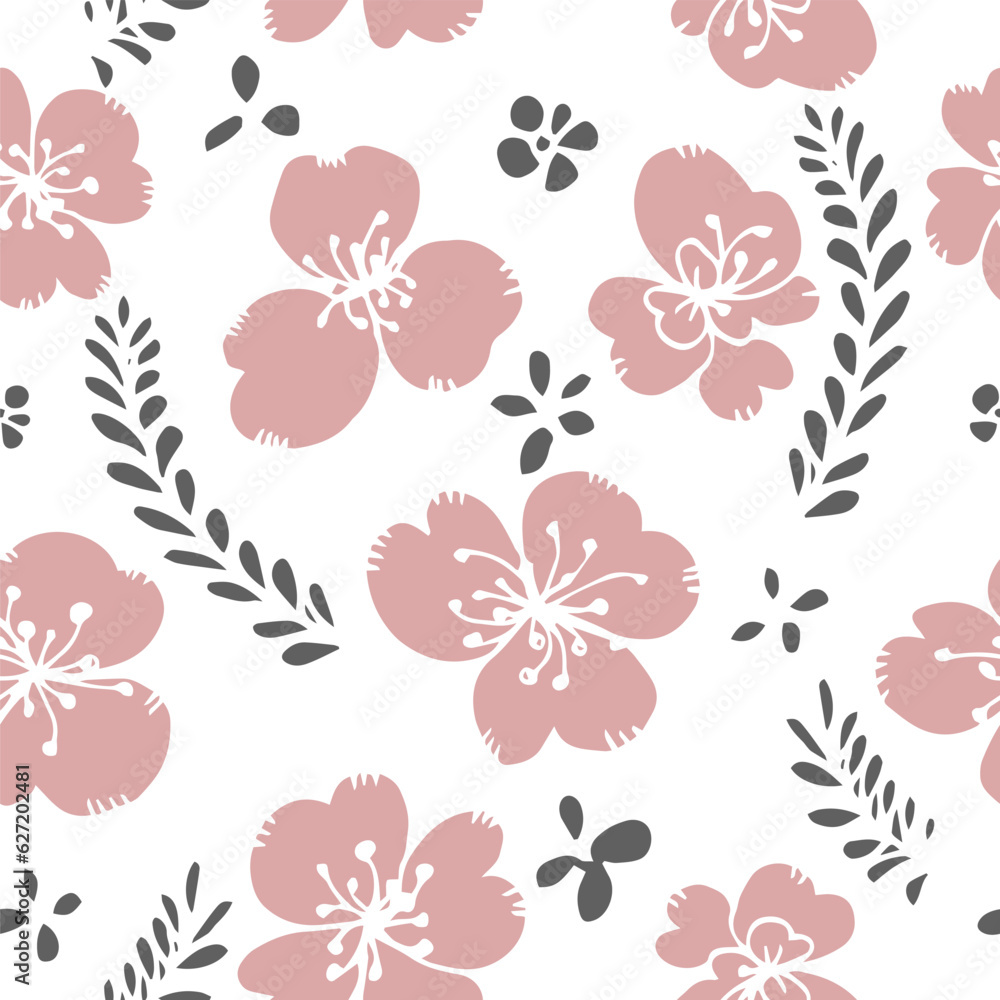 Blooming flower with leaves, floral pattern print