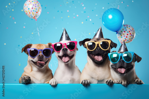 Happy dogs have a party. Soft blue background