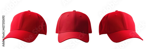 Blank red baseball cap in three different views, mockup, isolated, white background, generative ai