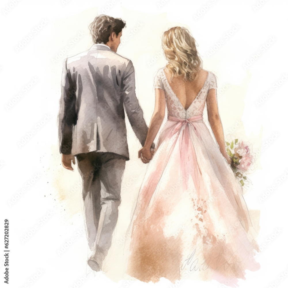 wedding bridegroom and bride walking away from camera, in pastel drawing style