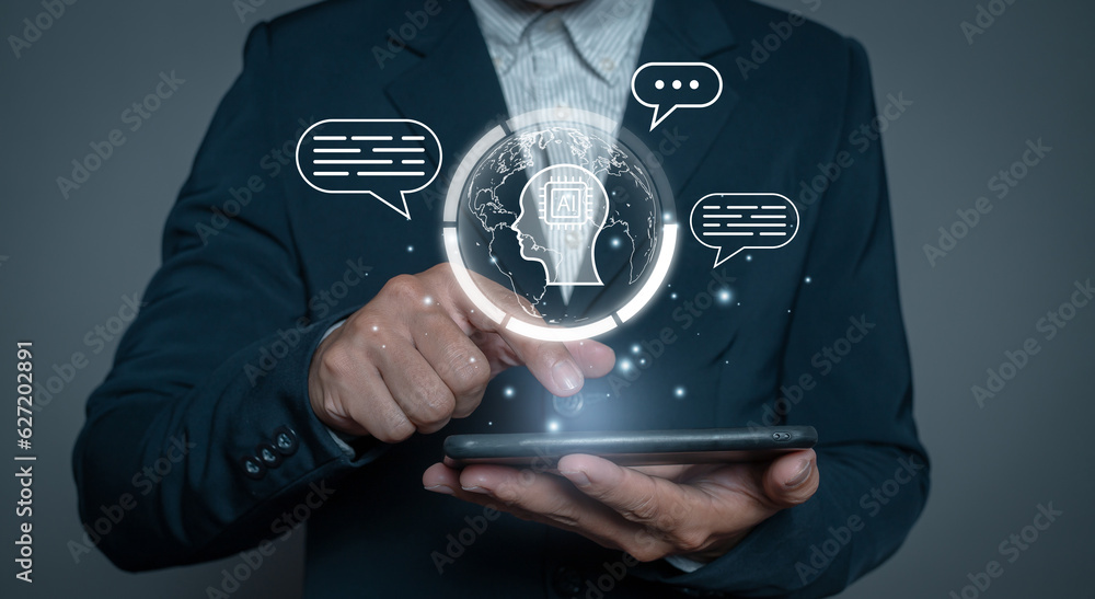 Business man using using technology smart robot AI. Chatbot Chat with AI. Business man using using technology smart robot AI. Chatbot Chat with AI.